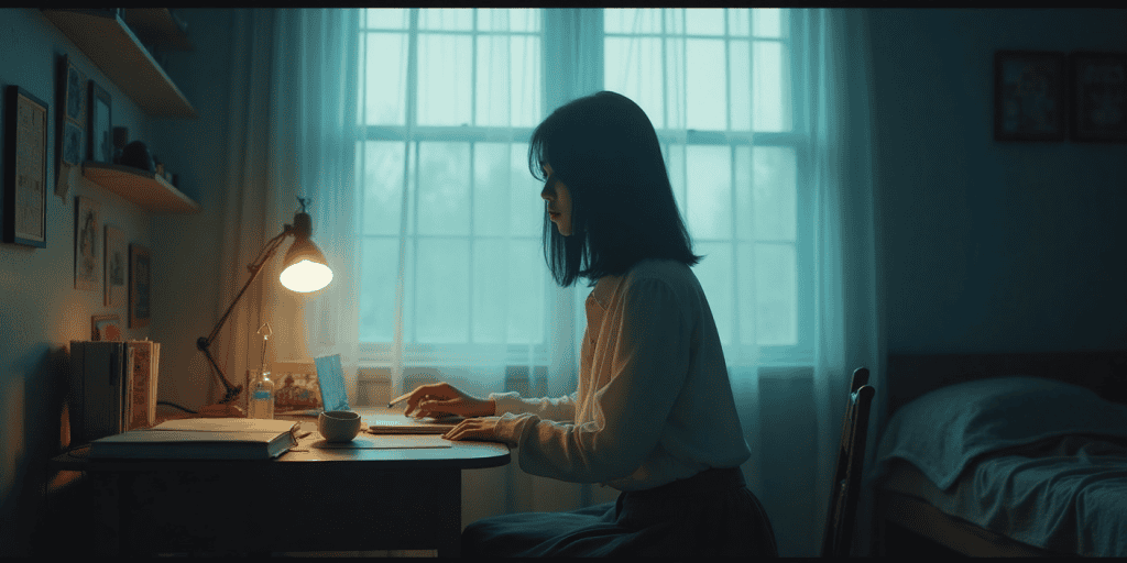 A woman sits alone in her childhood bedroom, reflecting on how inconsistent love from her toxic parents shaped her nervous system to crave emotional chaos.