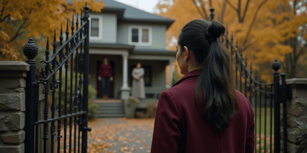A woman stands frozen at the gate of her childhood home, struggling with the guilt and fear that keeps her from cutting ties with her toxic family members.