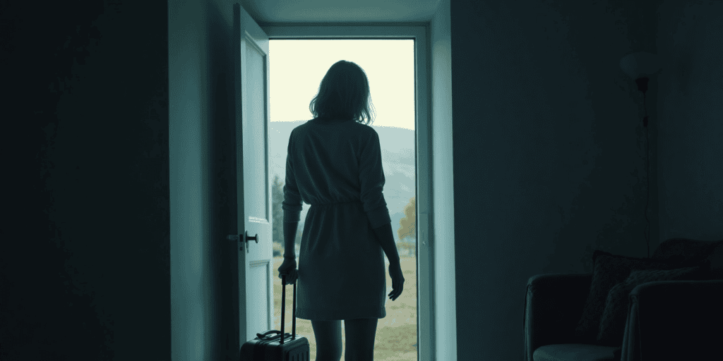 a woman wearing a white dress with a suite case walking out of the door leaving her toxic parents for good.
