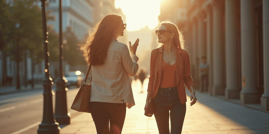 a narcissistic sister is talking to her younger sibling while walking on the street in the morning as she refused to acknowledge her wrong doings.