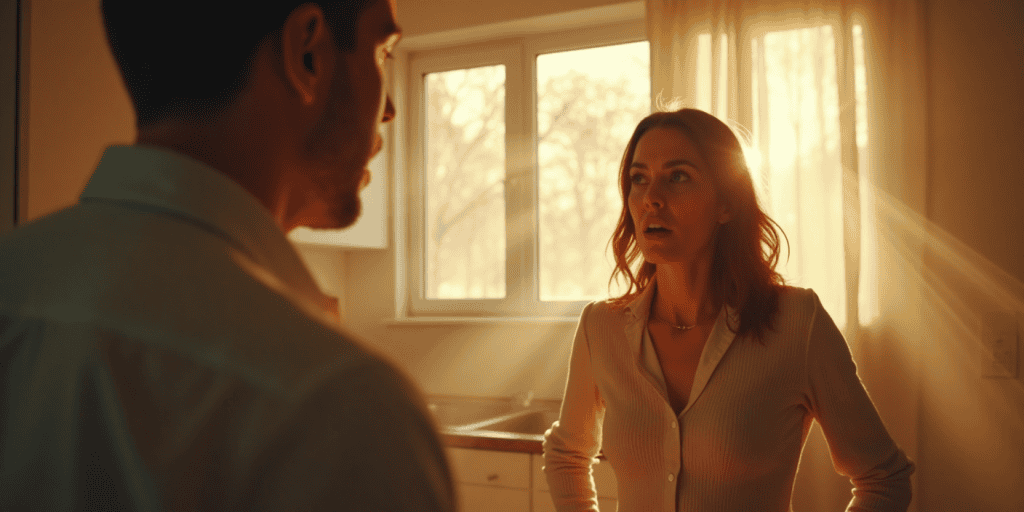 A woman wearing a white shirt with her wavy long hair standing in the sunny kitchen looks stunned as her narcissistic partner reacts defensively as she finally speaks up for the first time.