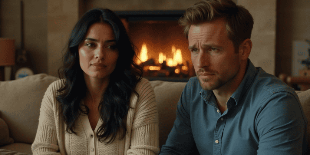 A narcissistic relative looks frustrated while the woman stays calm and detached, refusing to engage in their emotional trap.