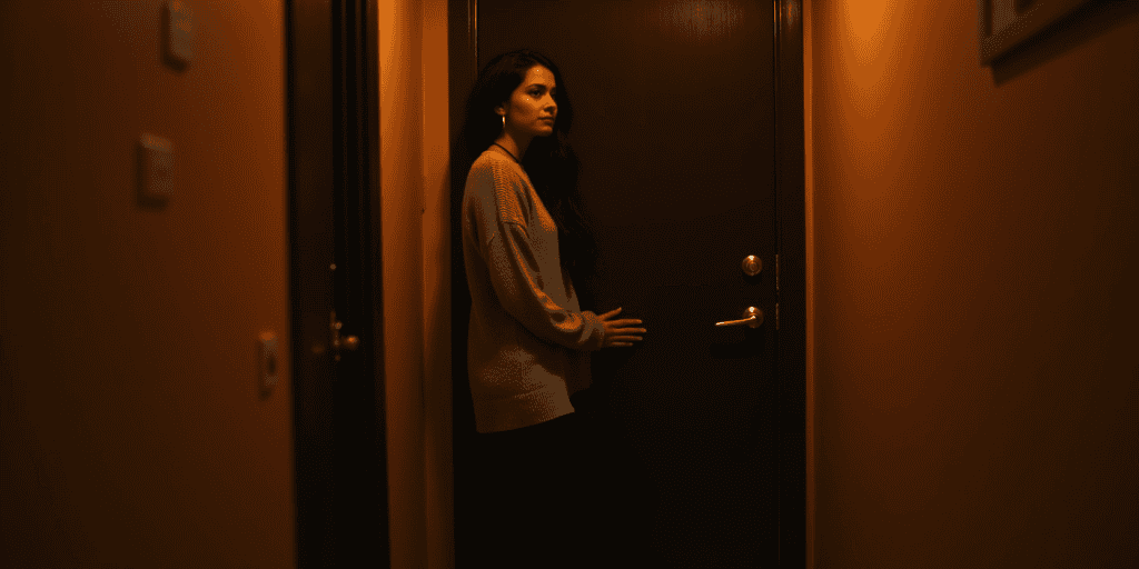 A young woman stands quietly outside a closed door after a family argument, longing for answers that will never come from a narcissistic father.