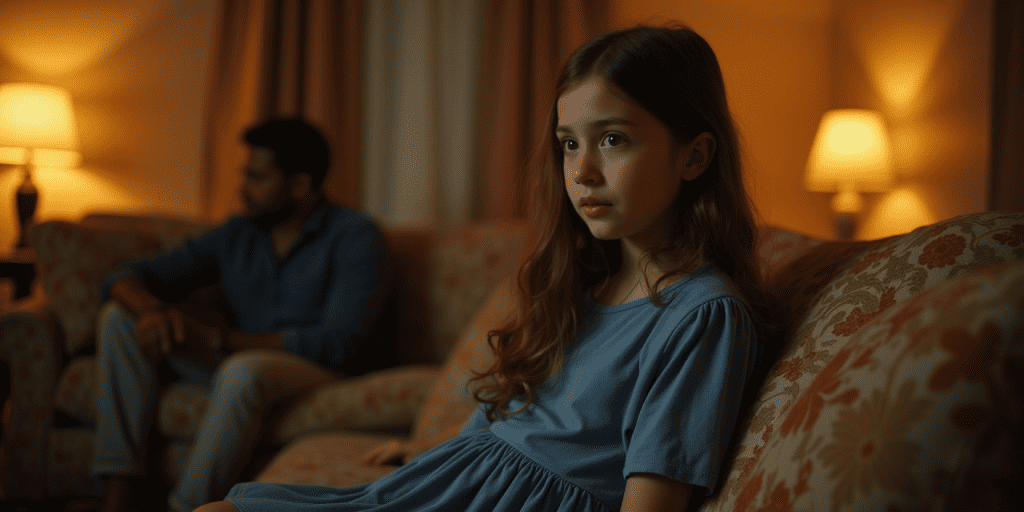 A daughter sits detached while her parents argue in the background, showing how refusing to engage emotionally takes away her narcissistic father's power.