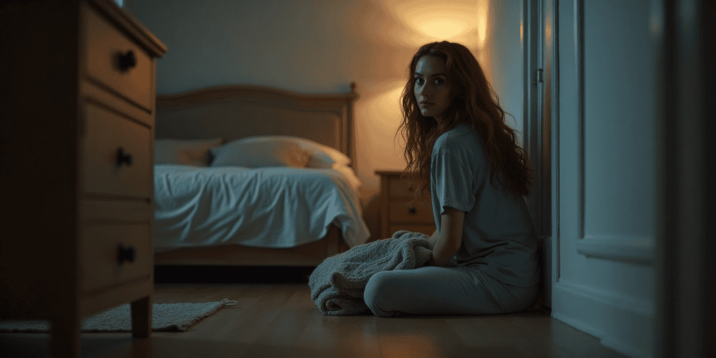 A woman clutches a blanket sitting on the floor beside her bed, paralyzed by the hope that the emotional cruelty will finally turn back into love from her narcissistic partner.