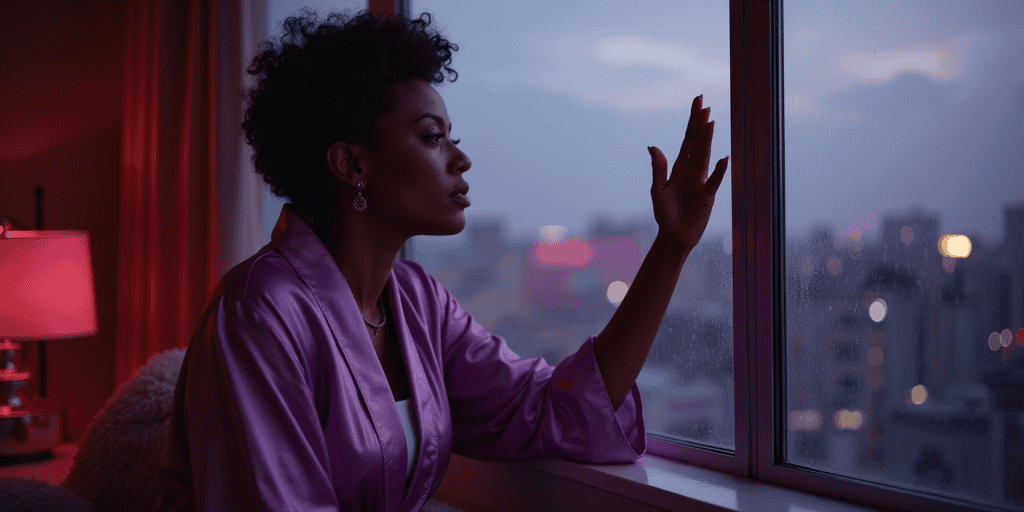A woman wearing a purple silky robe sitting in silence, staring out a rain-covered window, finally accepting the narcissist in her life was never who she believed they were.