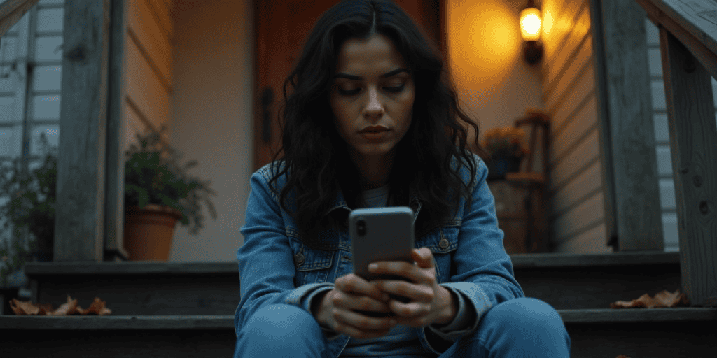 A woman sits on her front steps of her home at dusk, staring at her phone, torn between letting go and holding onto the hope that her toxic family might finally change.