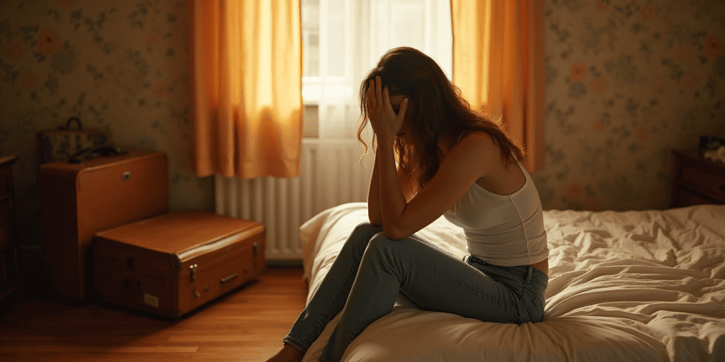 A woman in her pyjamas sitting on her bed with her face in her hands, suitcase packed behind her, emotionally drained from years of trying to earn love from narcissistic father.