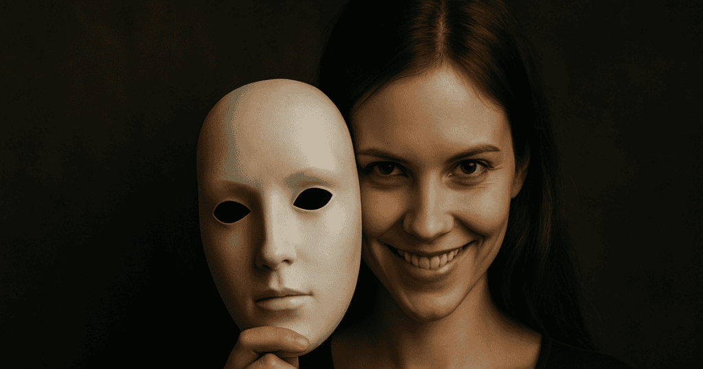 a woman with a devilish smile holding a mask showing her true colour similar to narcissists who always lie.