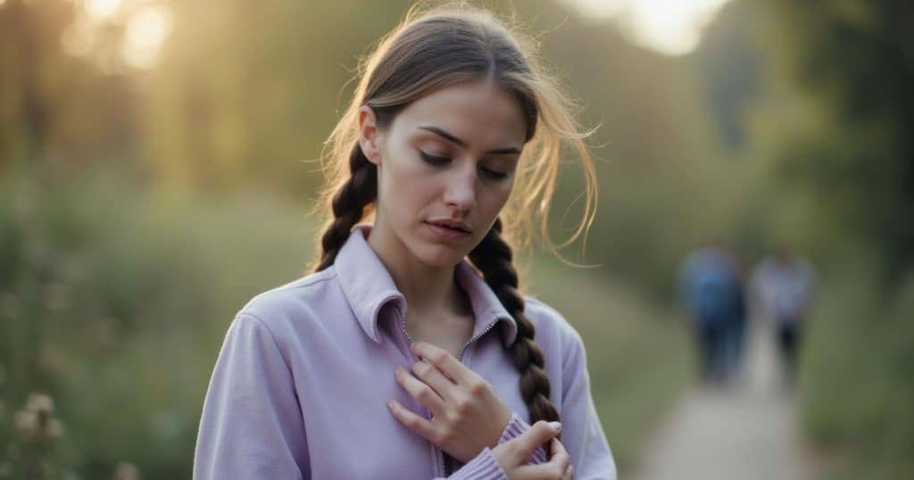 a woman standing on a hiking trail hugging herself as she's feeling overwhelm while grieving over the lost of her toxic family.