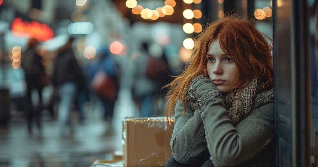 a woman sitting in front of a store hugging herself feeling angry as she isn't ready to forgive her narcissistic parents.