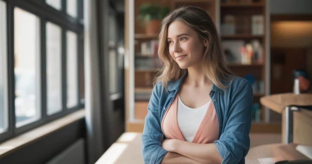 a confident woman standing with her arms crossed staring at the window smiling knowing that she's no longer be controlled by her narcissistic ex.