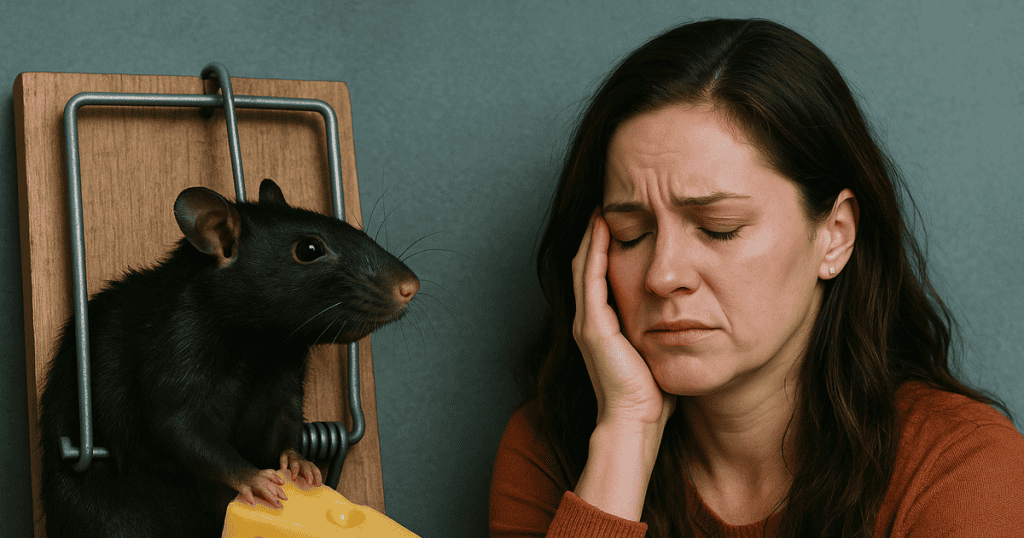 a close up picture of a middle aged woman looking destress sitting near a rate with cheese feeling like narcissist is trapping her.