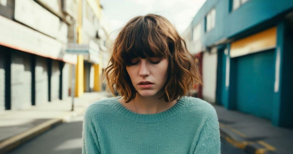 a woman standing in a quiet street with a blue knitted sweatshirt with her eyes close and shoulders slouche feeling confuse by narcissist's apologies.