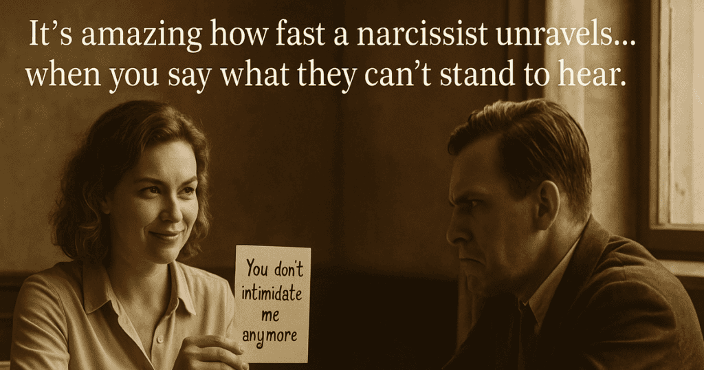 a woman sitting across her upset narcissistic partner wearing a silky white blouse holding a card that said "you don't intimidating me anymore".