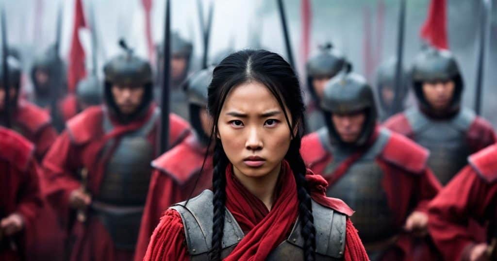 a woman in a samurai outfit looking fierce with her military army behind her with read and black outfit. Symbolizing narcissist victims are ready to fight their way to freedom.