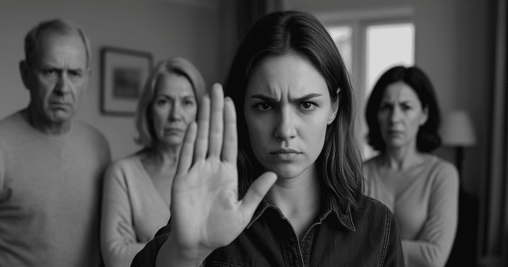 a black and white picture of a woman putting her hand up with a serious face while her family is unhappy with her action showing she's sticking with her boundaries.