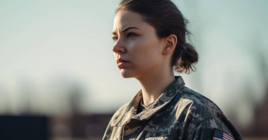 a woman in military uniform standing firm looking ahead symbolizing a big win narcissist survivors feel when they finally speaking up against their abusers.