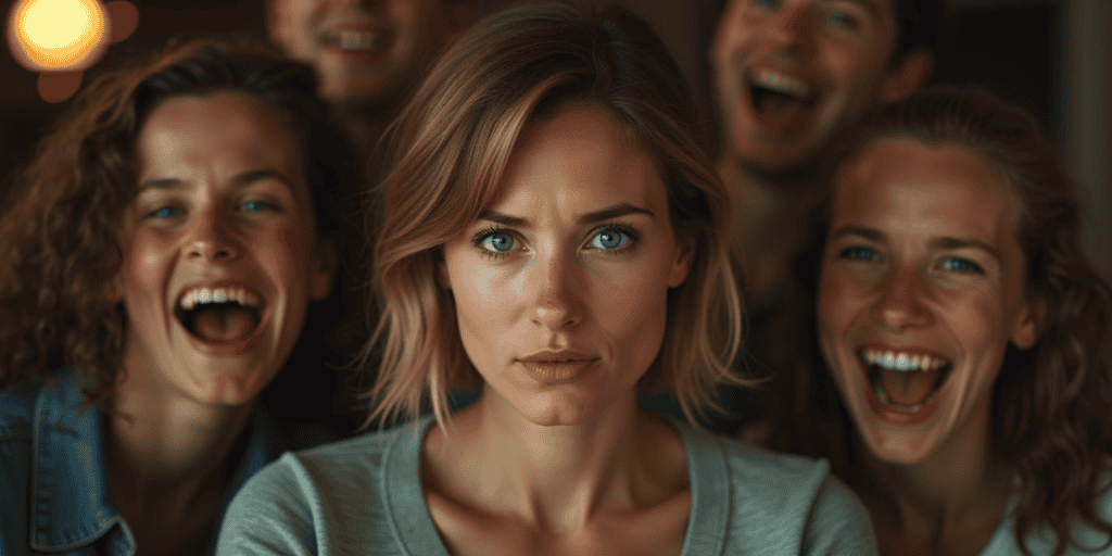 a woman standing in the middle of a crowd looking very confused as everyone is laughing.