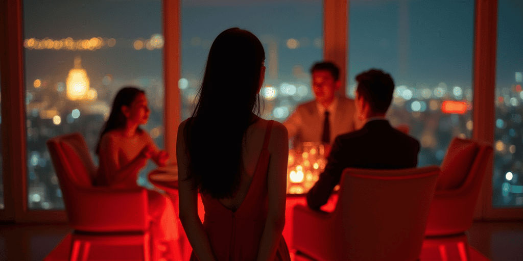 A woman stands in the background at a dinner gathering, realizing the people closest to her aren’t supporting when she wins.