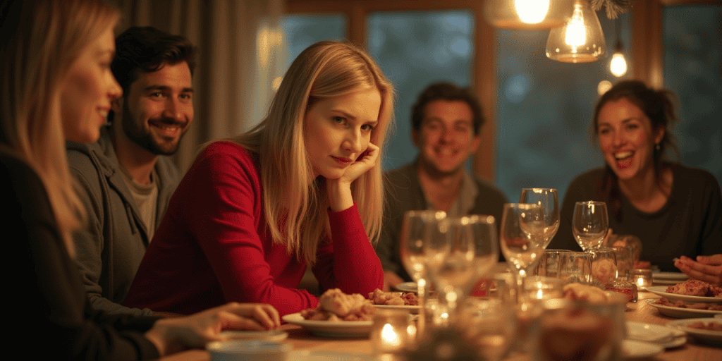 A woman in red sweather sitting in silence at a family dinner table while everyone else laughs, realizing for the first time that something about her family dynamic feels deeply wrong.