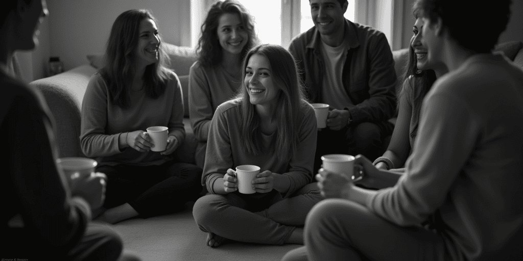 A woman smiles surrounded with a small group of friends holding a cup of tea, finally surrounded by people who make her feel seen instead of small.
