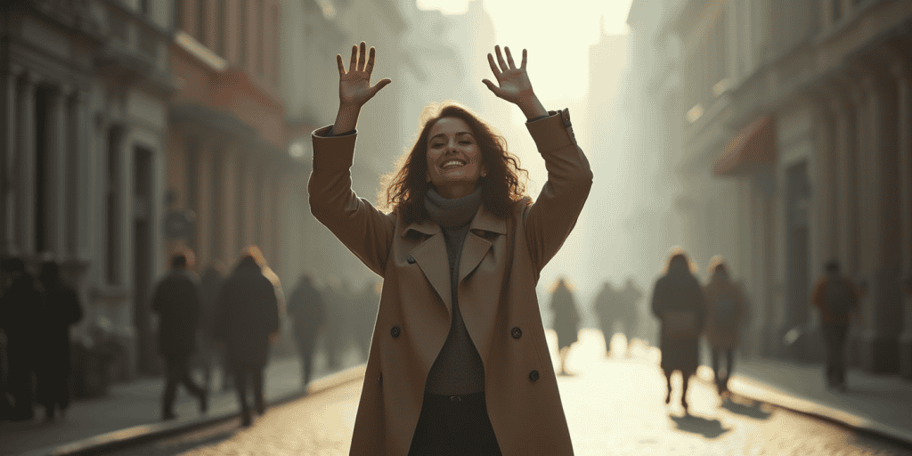 A woman wearing a beige trench coat raising her hands in quiet triumph in the middle of a city street, celebrating a win no one else noticed but her.