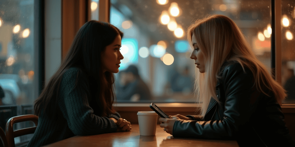 Two sisters sit across from each other in a cafรฉ, one avoiding eye contact and fiddling with her phone while the other bravely brings up the past.