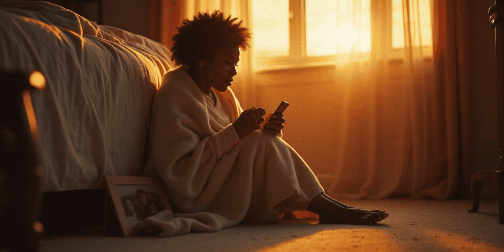 A woman still wearing her nightgown sitting on the floor of her bedroom wrapped in a blanket holding her phone, feeling torn between love and the pain of narcissistic family ties.