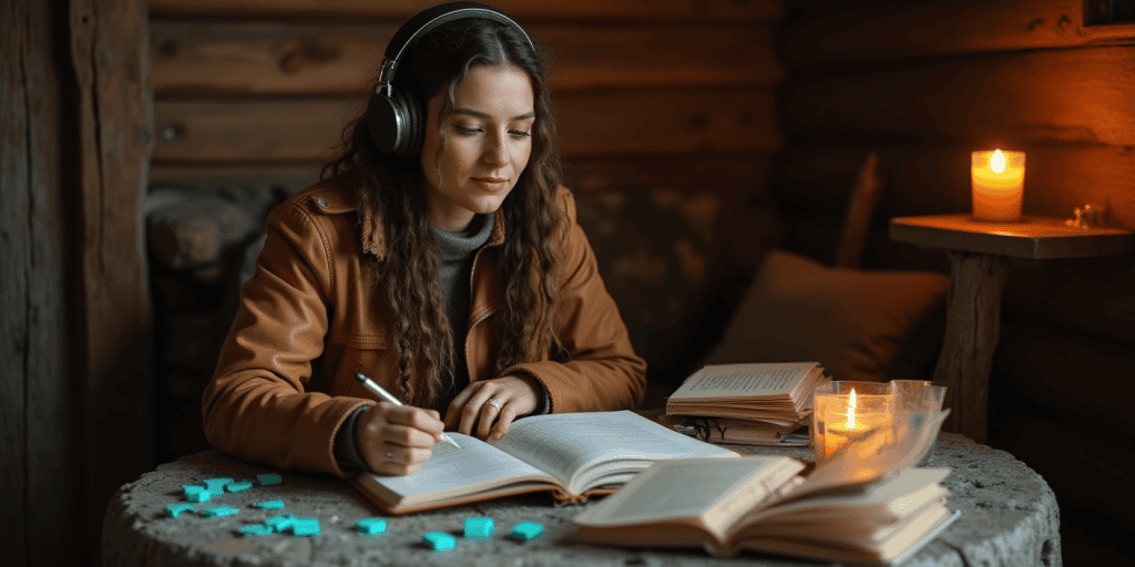 A woman sitting her cabin listening to a podcast while taking notes, rebuilding her identity with tools narcissists never wanted her to have.