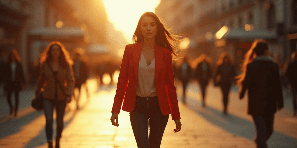 A woman walking confidently through a crowded city street at golden hour, no longer available for toxic relationships or emotional manipulation.