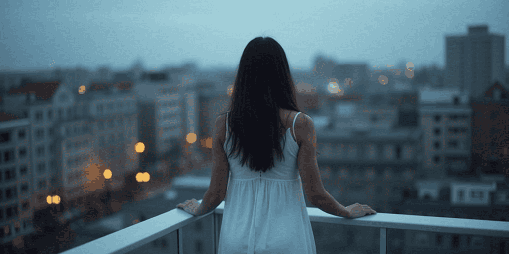 A woman stands quietly on a balcony at dusk, refusing to explain herself anymore as she chooses silence over drama.