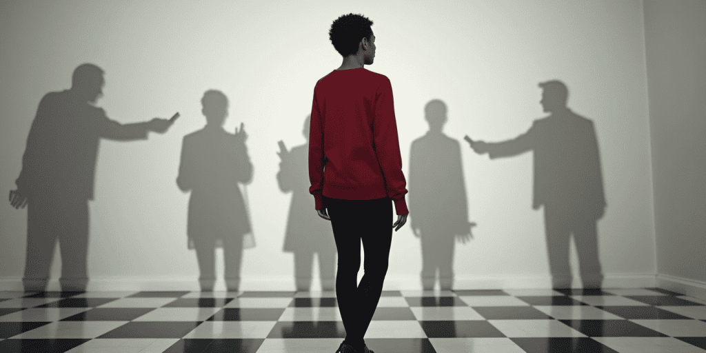 an illustration of a young man wearing a red shirt facing shadows of his family gossiping about him.