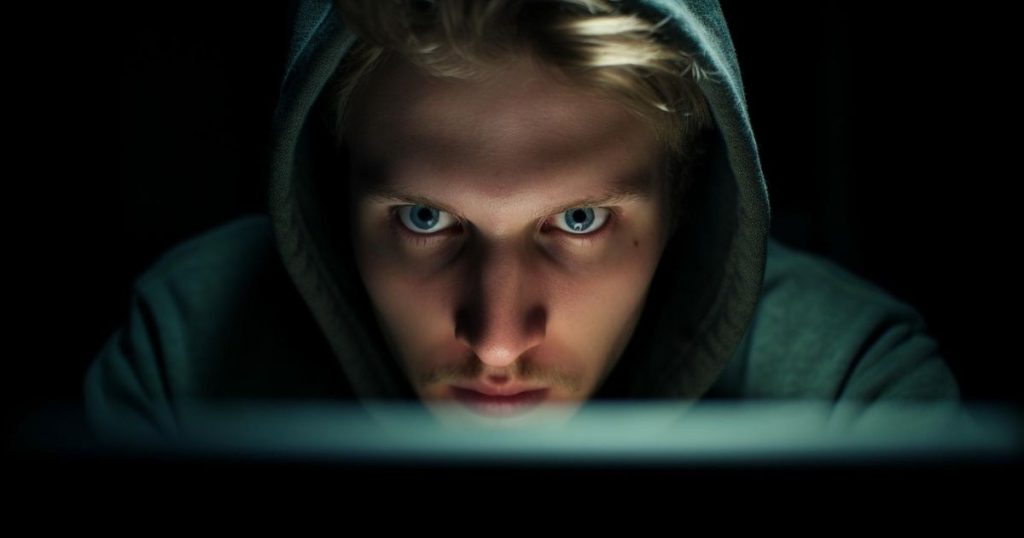 a man in a grey hoodie is looking at his laptio intensely as he's spying on his ex through social media.