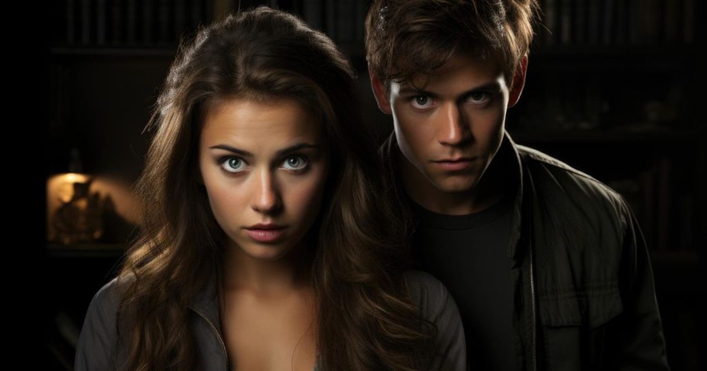 an image of a scary young man is standing a behind a woman with her eyes wild open both standing in the dark. The woman is looking surprised and scared.