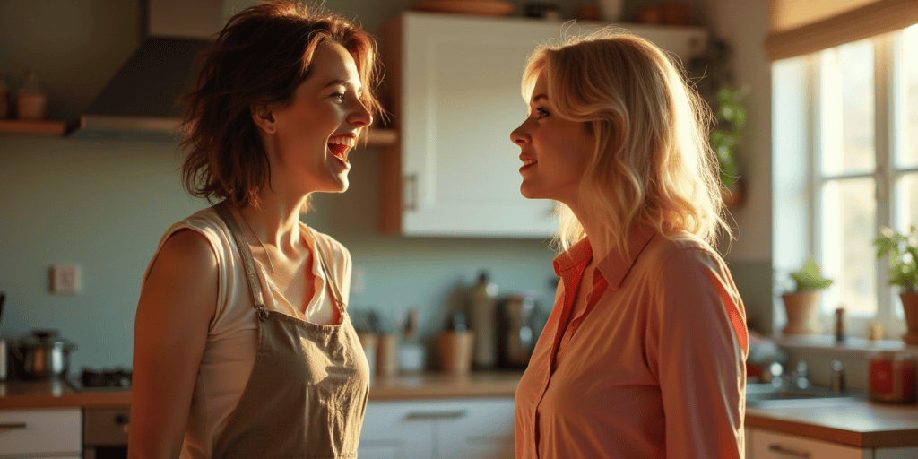 Two sisters laughing in a kitchen, while one hides cruelty behind teasing and the other pretends it doesn’t hurt.
