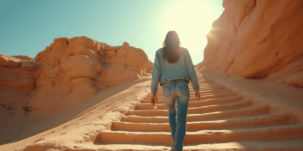 A woman walks up endless sandy stairs in the desert, symbolizing how narcissists keep shifting expectations so you never feel good enough.