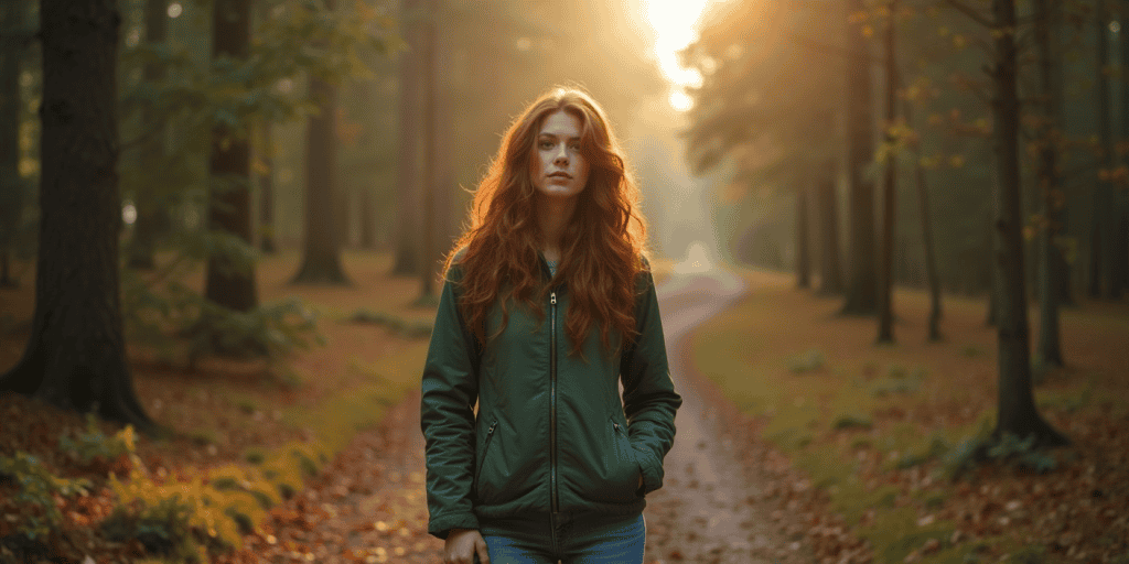 A woman wearing a thin green jacket walking alone through a quiet forest path at sunrise, choosing healing from her narcissistic family one bold step at a time.