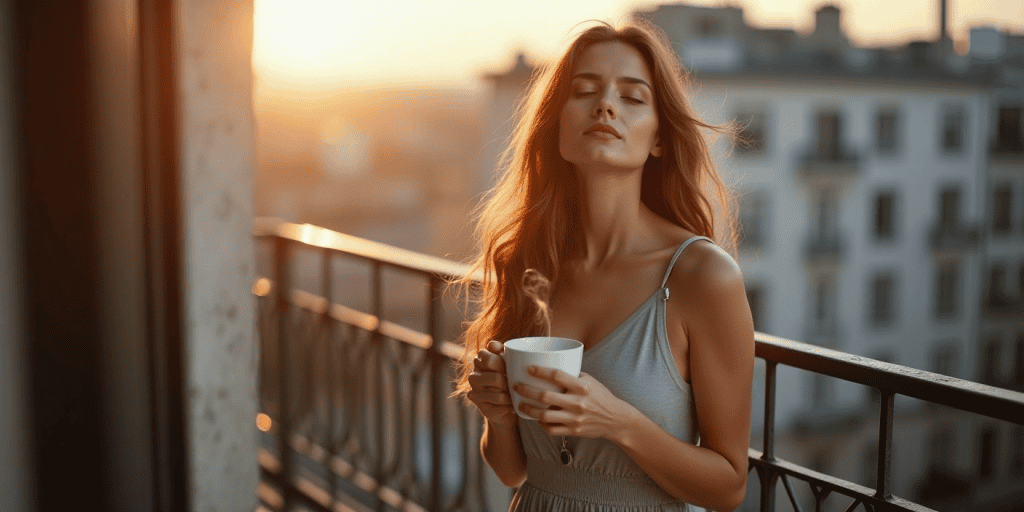 A woman standing on her balcony at sunrise wearing a simple cotton grey dress, holding a warm mug and breathing deeply, reclaiming peace after years of narcissistic abuse.