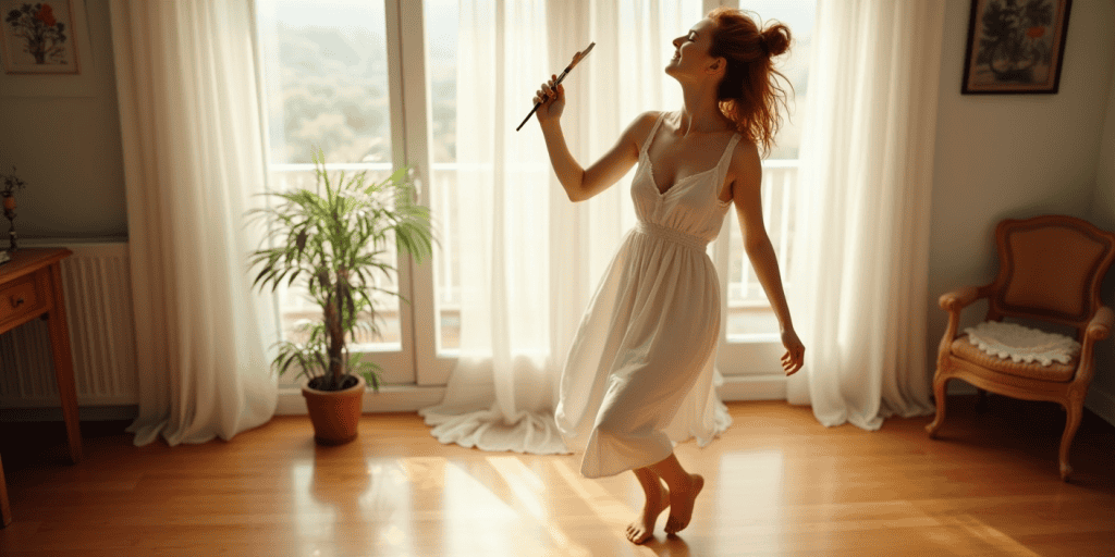 A woman with a white long comfy dress dancing barefoot in her living room with a paintbrush, reconnecting to the joy she was after narcissistic abuse.