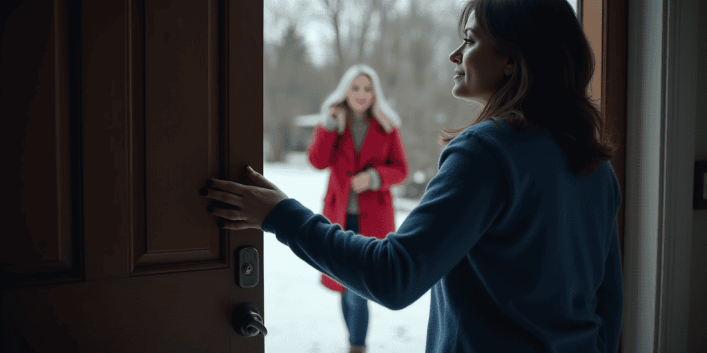 A woman gently closes the front door on a toxic family member who is about to walk in her house, protecting her peace without apology.