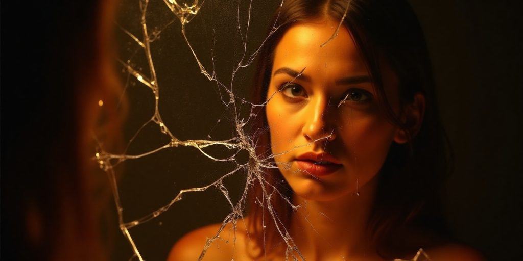 a woman is looking at herself in a broken mirror, feeling lost standing in the dark bathroom.
