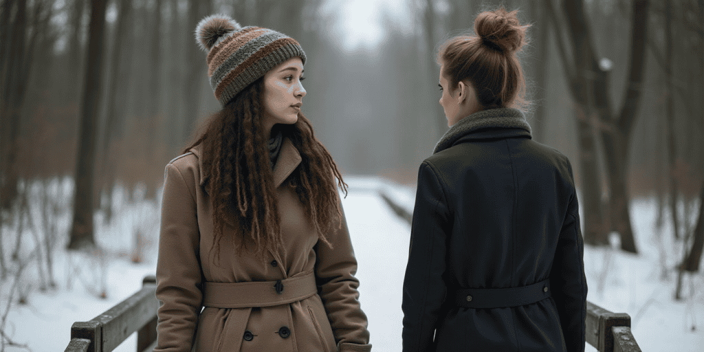 Two women stand on a snowy bridge facing each other, one ready to walk away for good, the other clinging to a fading connection built on pain.