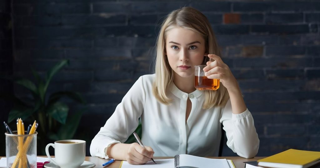 Candid shot of attractive blonde student girl in white blouse doing homework at cafe with dark background.