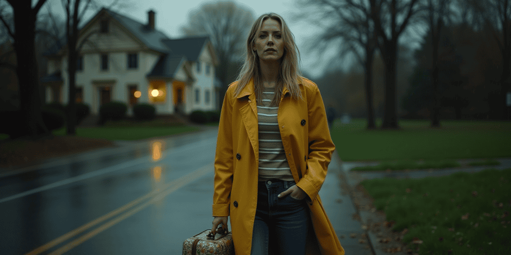 A woman walks away from a family home on a rainy evening, suitcase in hand, no longer waiting for an apology that will never come.