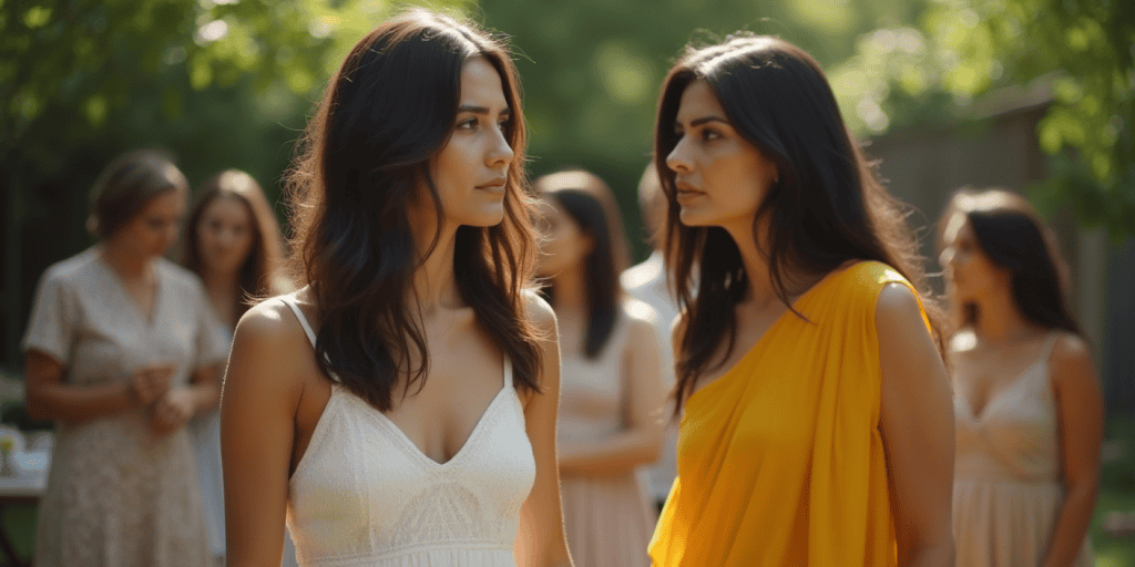 Two sisters at a tense family gathering, one staying composed while the other deflects blame, showing how narcissists flip the script to avoid accountability.