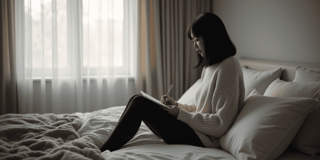 A woman sits on her bed journaling alone, trying to ground herself and reclaim her truth after being emotionally manipulated.