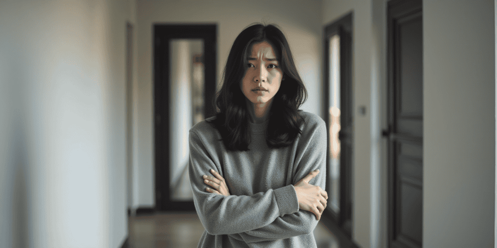 A woman stands frozen in a hallway, arms crossed and expression conflicted, after a conversation with her toxic parents that left her doubting her own reality.