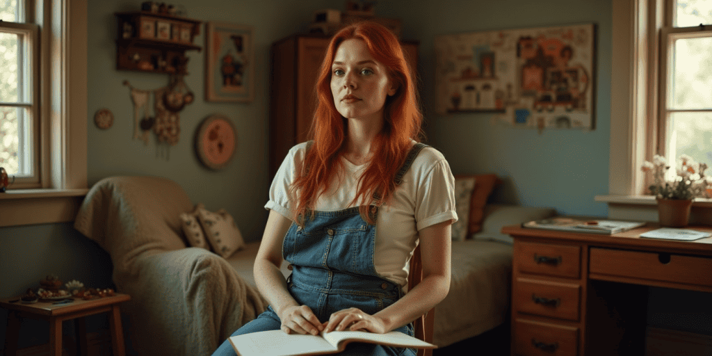 A woman wearing t-shirt and overall jeans sits quietly in her childhood bedroom, realizing that emotional neglect was always disguised as normal.