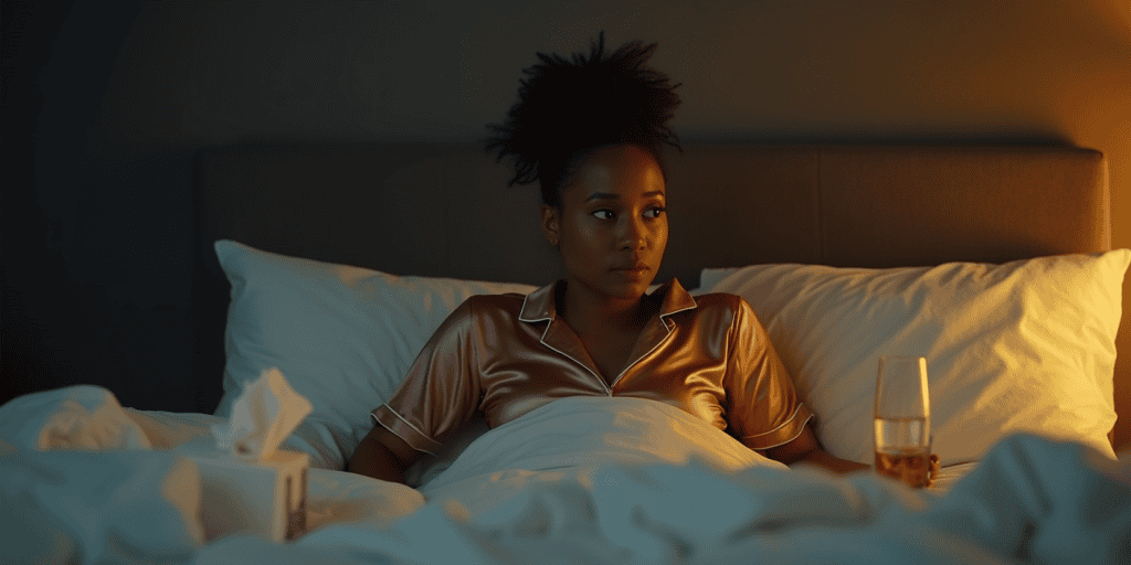 A woman sits upright in bed in the middle of the night, exhausted but determined, feeling the emotional withdrawal of going no contact with the narcissist.